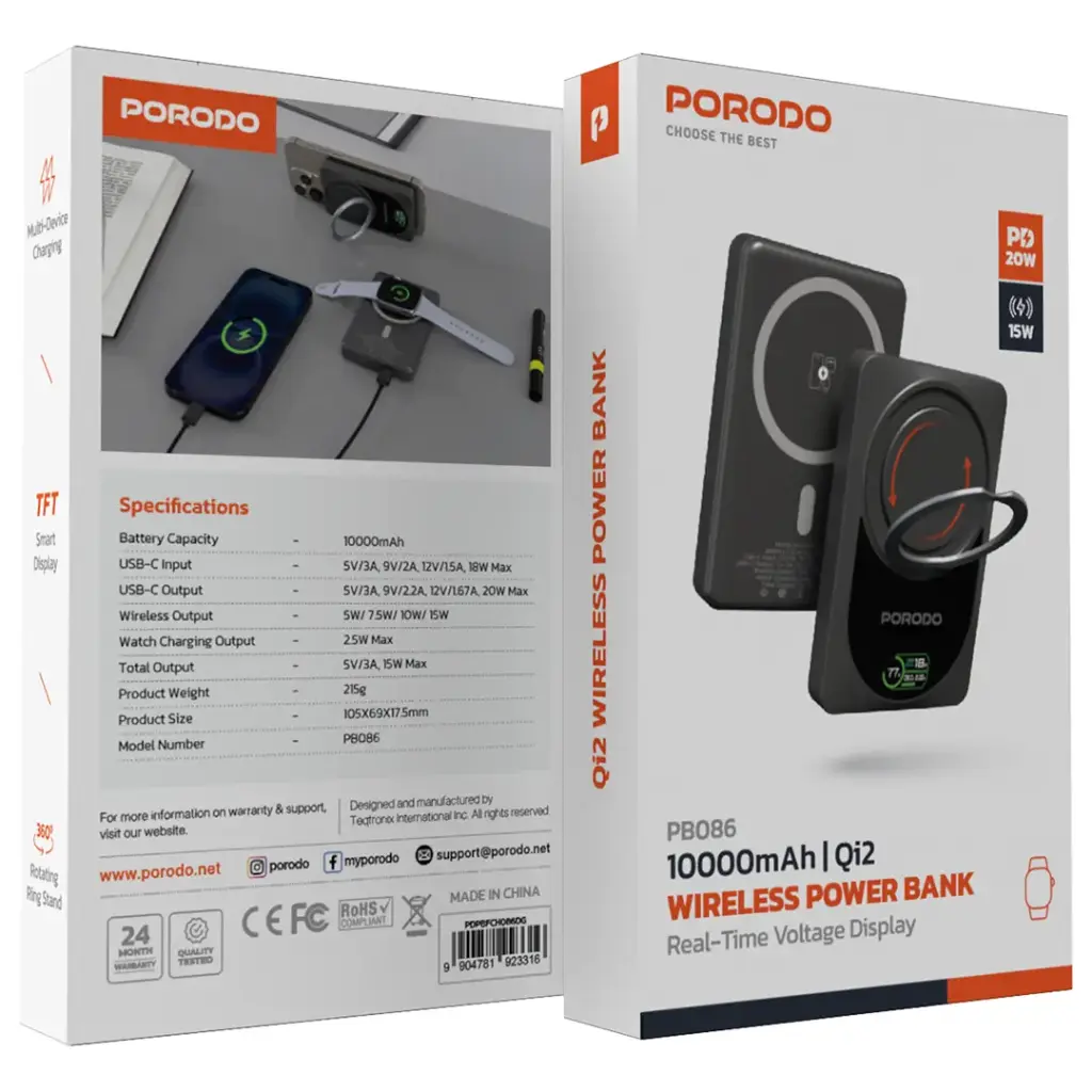 PORODO 10000MAH QI2 WIRELESS POWERBANK DARK GREY PDPBFCH086DG thumbnail 6