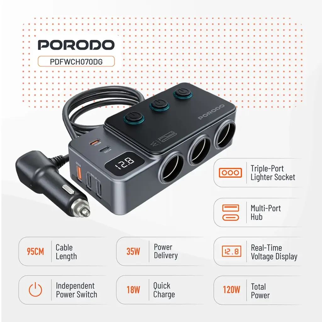 PORODO 120W CAR CHARGER HUB TRIPLE PORT LIGHTER SOCKET DARK GREY PDFWCH070DG thumbnail 10
