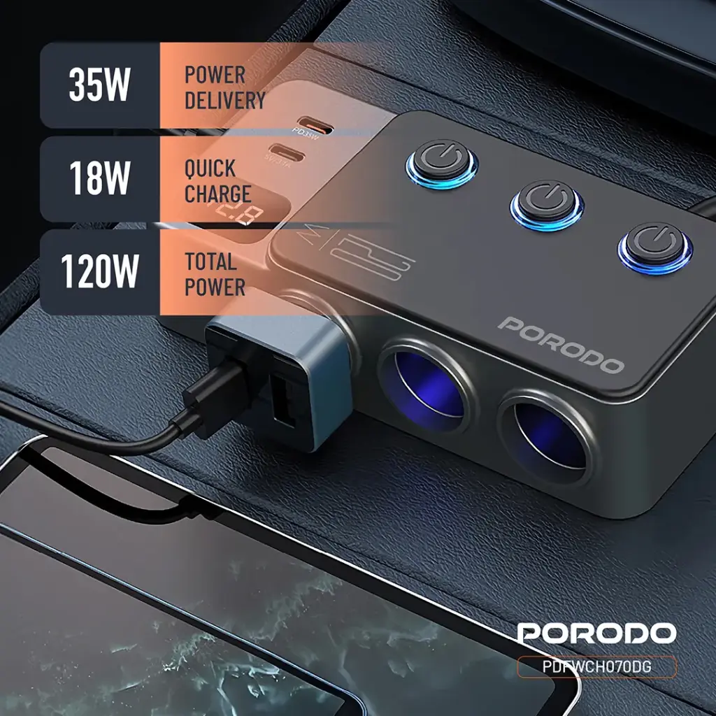 PORODO 120W CAR CHARGER HUB TRIPLE PORT LIGHTER SOCKET DARK GREY PDFWCH070DG thumbnail 9