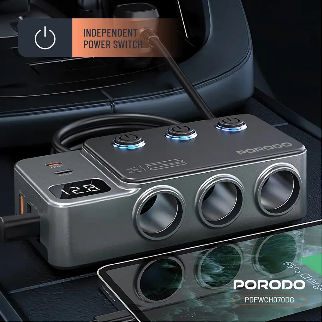 PORODO 120W CAR CHARGER HUB TRIPLE PORT LIGHTER SOCKET DARK GREY PDFWCH070DG thumbnail 8