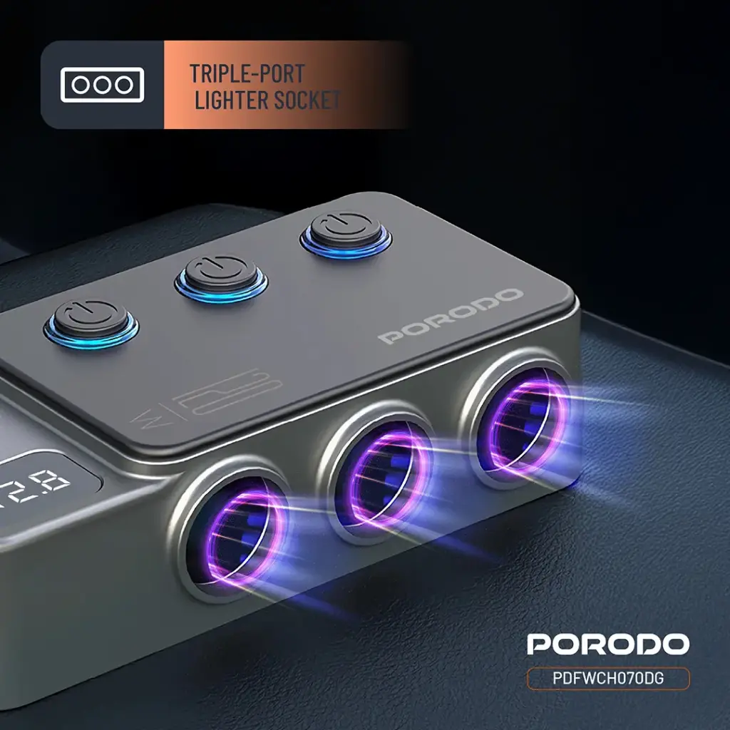 PORODO 120W CAR CHARGER HUB TRIPLE PORT LIGHTER SOCKET DARK GREY PDFWCH070DG thumbnail 7