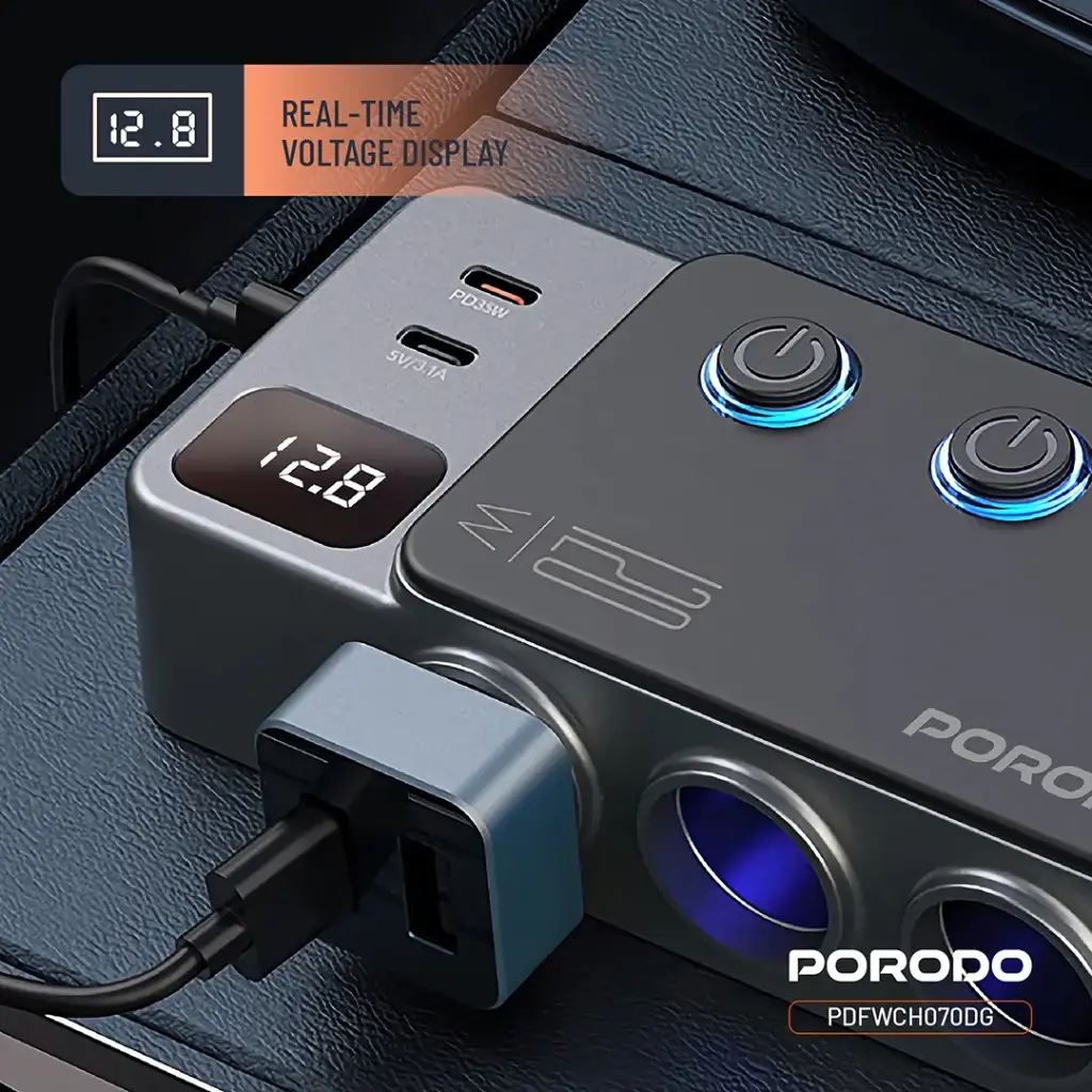 PORODO 120W CAR CHARGER HUB TRIPLE PORT LIGHTER SOCKET DARK GREY PDFWCH070DG thumbnail 6