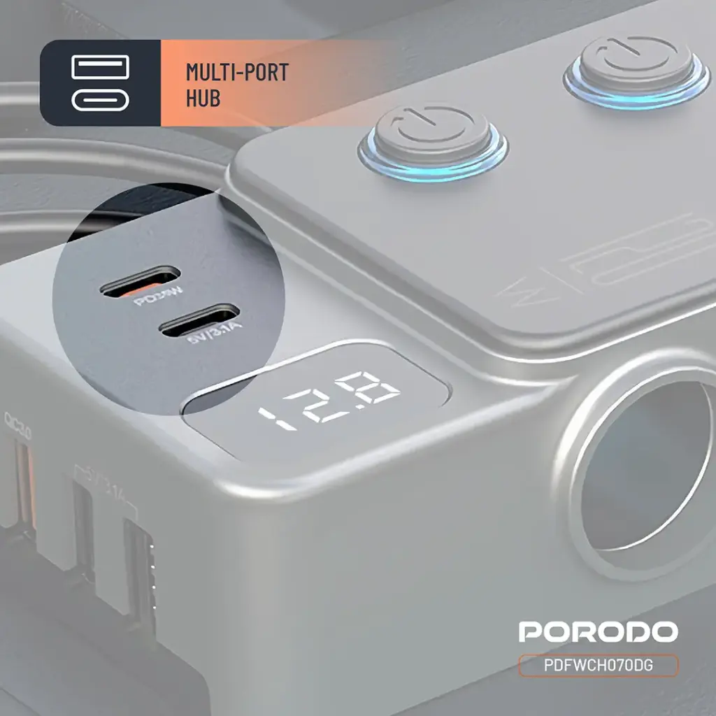 PORODO 120W CAR CHARGER HUB TRIPLE PORT LIGHTER SOCKET DARK GREY PDFWCH070DG thumbnail 5