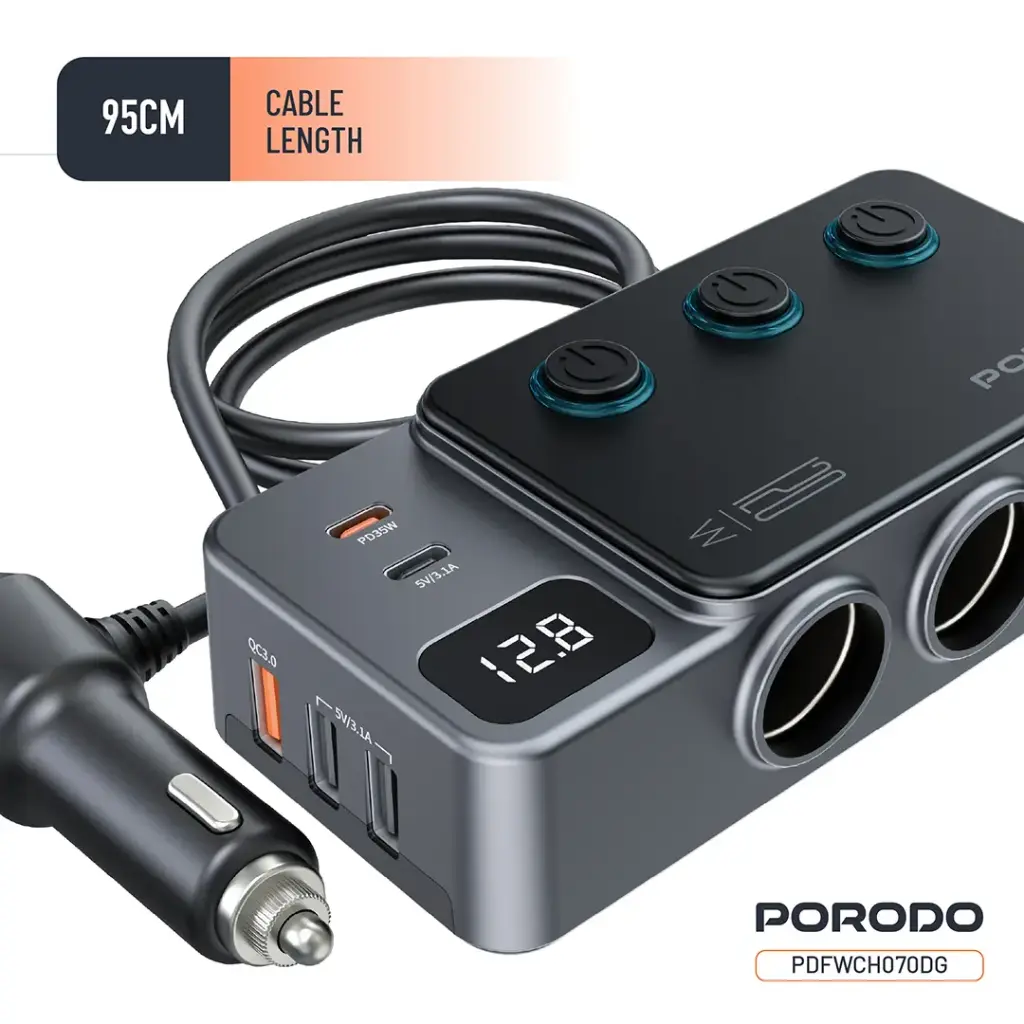 PORODO 120W CAR CHARGER HUB TRIPLE PORT LIGHTER SOCKET DARK GREY PDFWCH070DG thumbnail 4