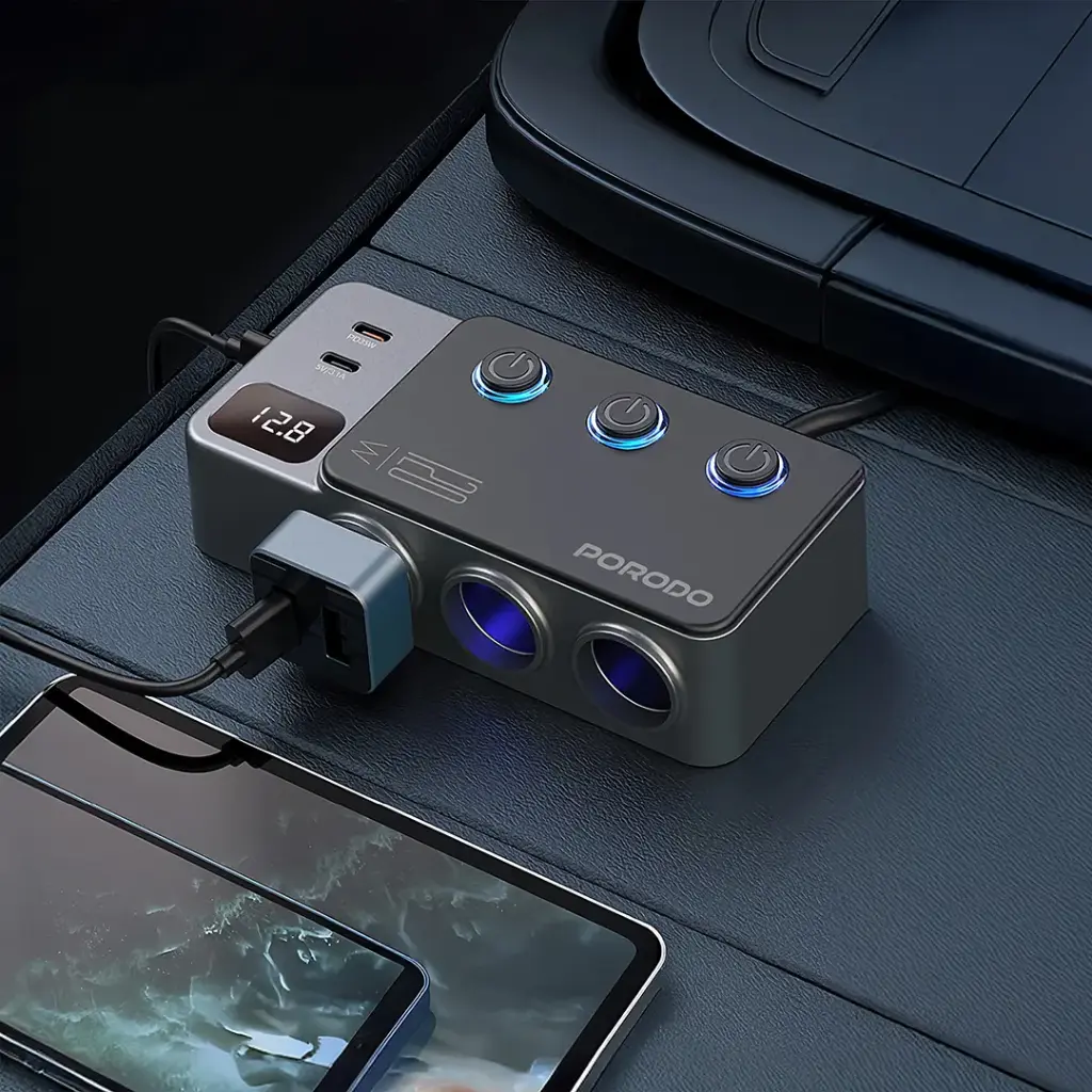 PORODO 120W CAR CHARGER HUB TRIPLE PORT LIGHTER SOCKET DARK GREY PDFWCH070DG thumbnail 3