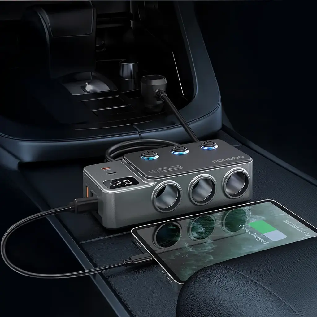 PORODO 120W CAR CHARGER HUB TRIPLE PORT LIGHTER SOCKET DARK GREY PDFWCH070DG thumbnail 2