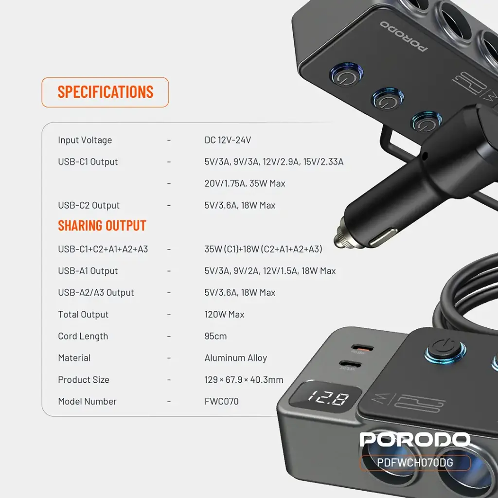 PORODO 120W CAR CHARGER HUB TRIPLE PORT LIGHTER SOCKET DARK GREY PDFWCH070DG thumbnail 11