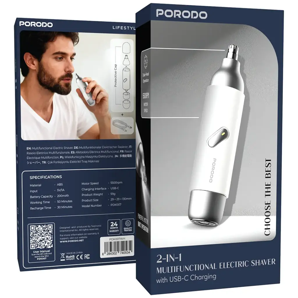 PORODO 2 IN 1 MULTIFUNCTIONAL ELECTRIC SHAVER WITH USB C CHARGING WHITE PDK007WH thumbnail 2