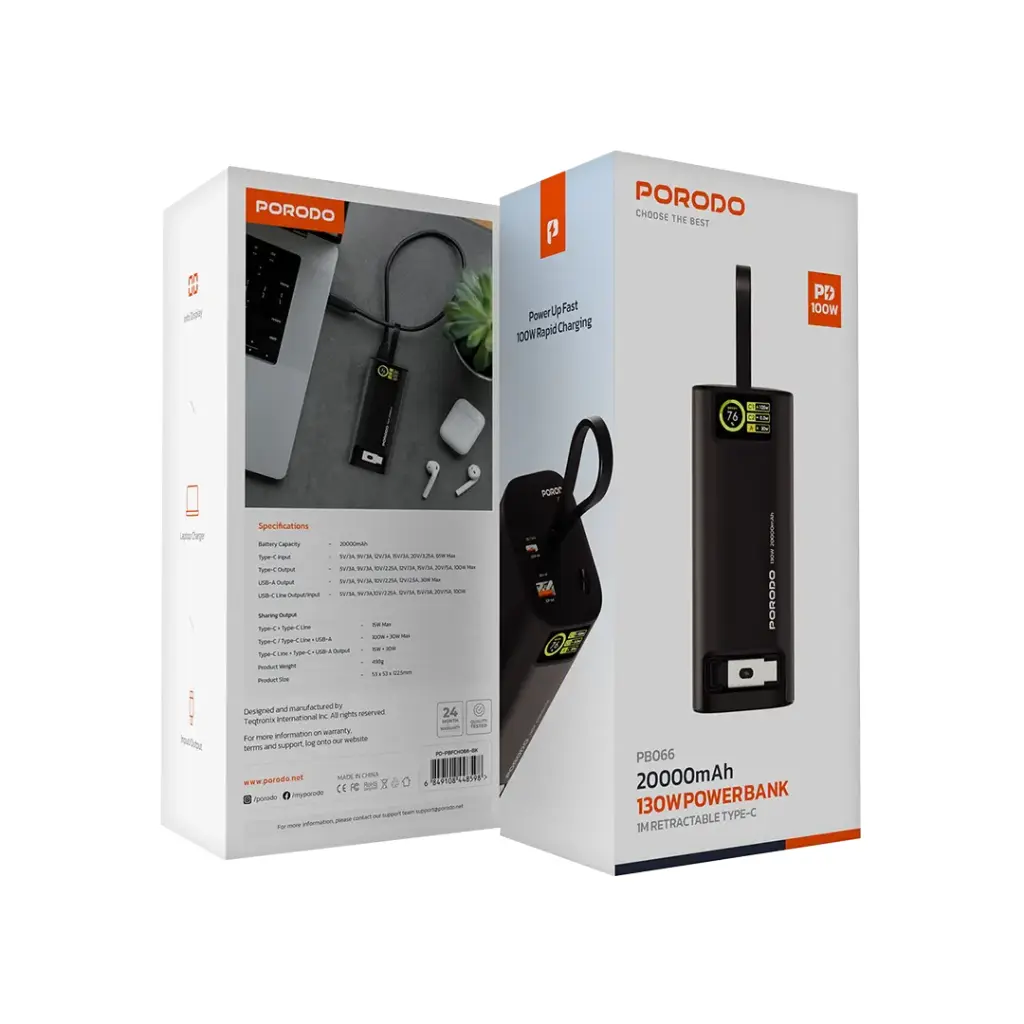 PORODO 20000MAH 130W POWERBANK WITH 1M RETRACTABLE TYPE C CABLE BLACK PD-PBFCH066-BK thumbnail 3