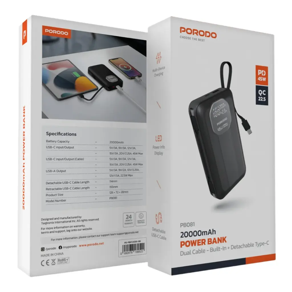 PORODO POWER BANK 20000MAH DUAL CABLE IN BUILT DETACHABLE TYPE C BLACK PD-PBFCH081-BK thumbnail 2
