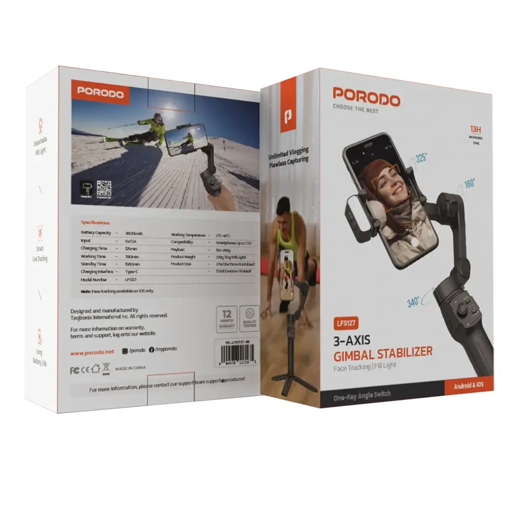PORODO 3 AXIS GIMBLE STABILIZER WITH MAGNETIC FILL LIGHT BLACK PD-LFST127-BK thumbnail 2