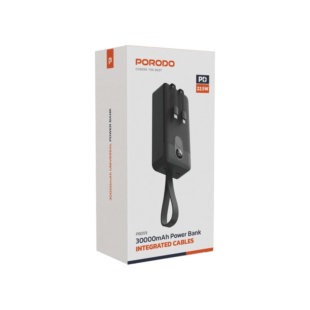 Porodo 30000mAh Power Bank with Integrated Cables - Black, Compact & Powerful thumbnail 2