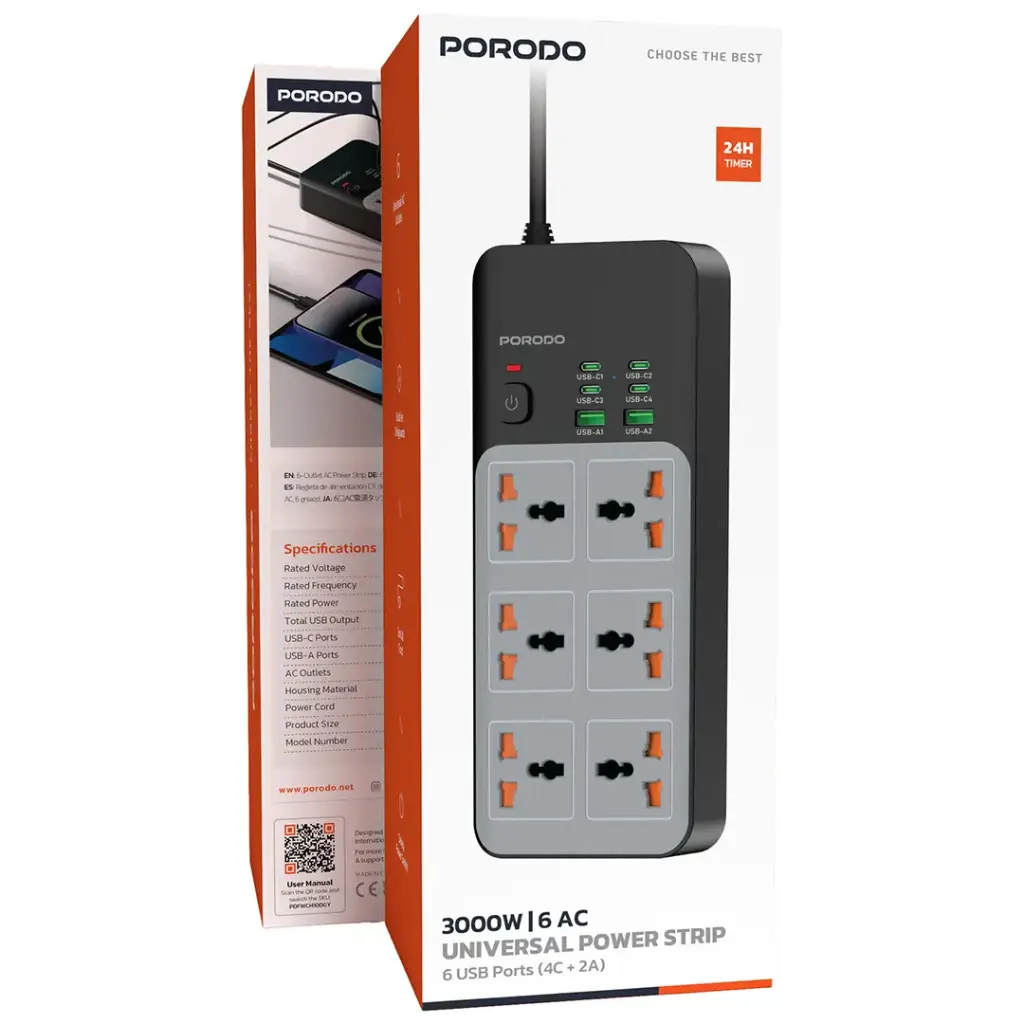 PORODO 3000W 6AC UNIVERSAL POWER STRIP WITH 6 USB 4C+2A GRAY PDFWCH100GY thumbnail 2