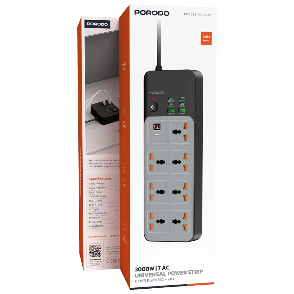 PORODO 3000W 7AC UNIVERSAL POWER STRIP WITH 6 USB 4C+2A GRAY PDFWCH099GY