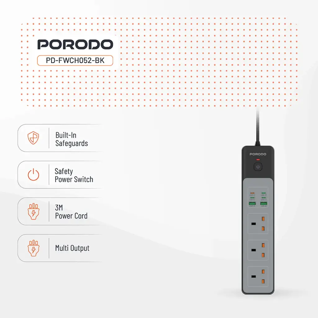 PORODO 3000W 7AC UNIVERSAL POWER STRIP WITH 6 USB 4C+2A GRAY PDFWCH099GY thumbnail 3
