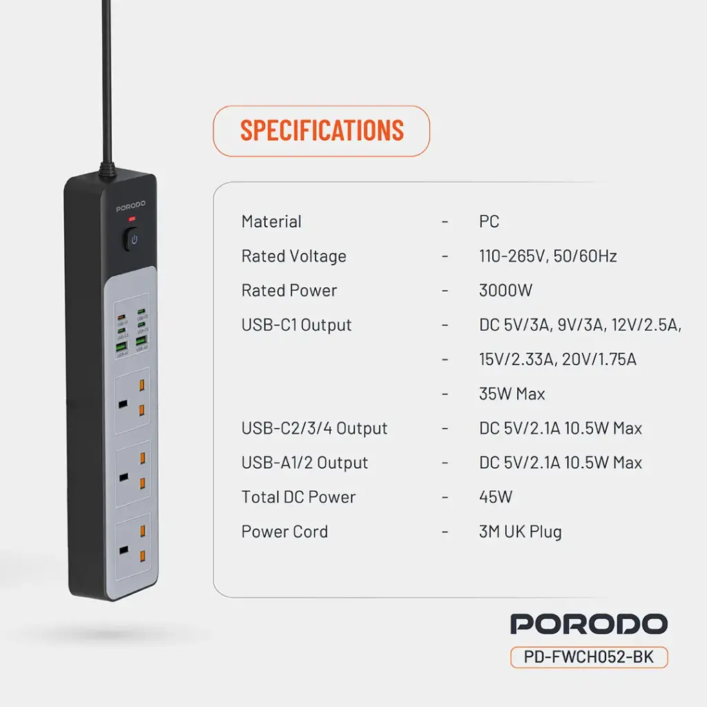 PORODO 3000W 7AC UNIVERSAL POWER STRIP WITH 6 USB 4C+2A GRAY PDFWCH099GY thumbnail 2