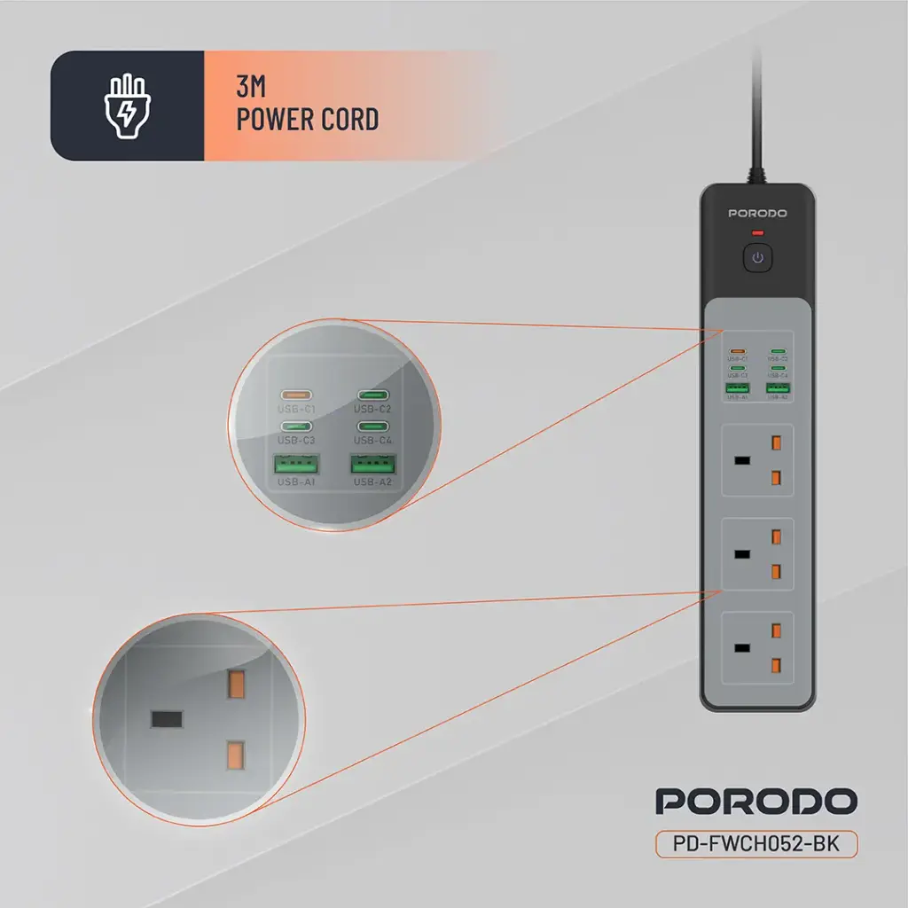 PORODO 3AC 45W 3000W POWER STRIP PD35W BLACK PD-FWCH052-BK thumbnail 5