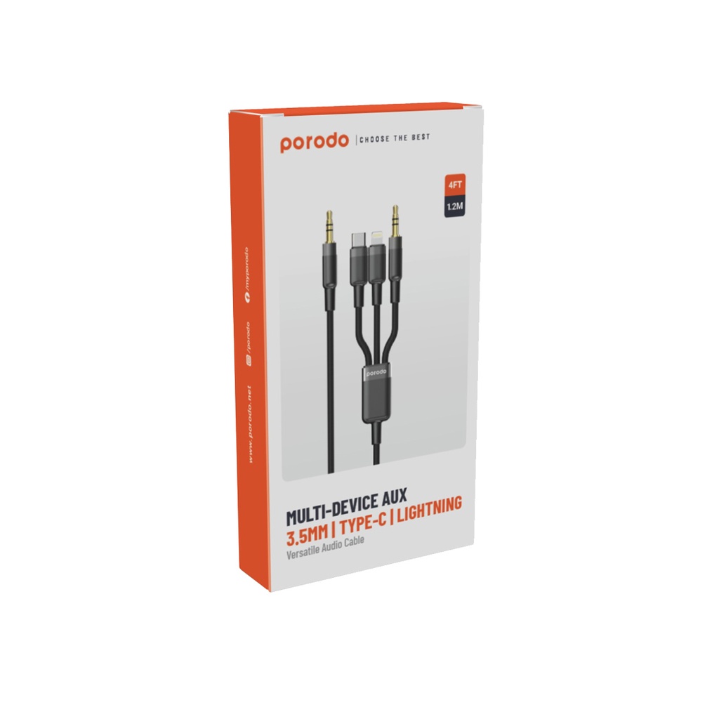 PORODO MULTI DEVICE AUX 3.5MM TYPE C LIGHTNING CABLE 1.2M BLACK PD-AUX3N1-BK thumbnail 2