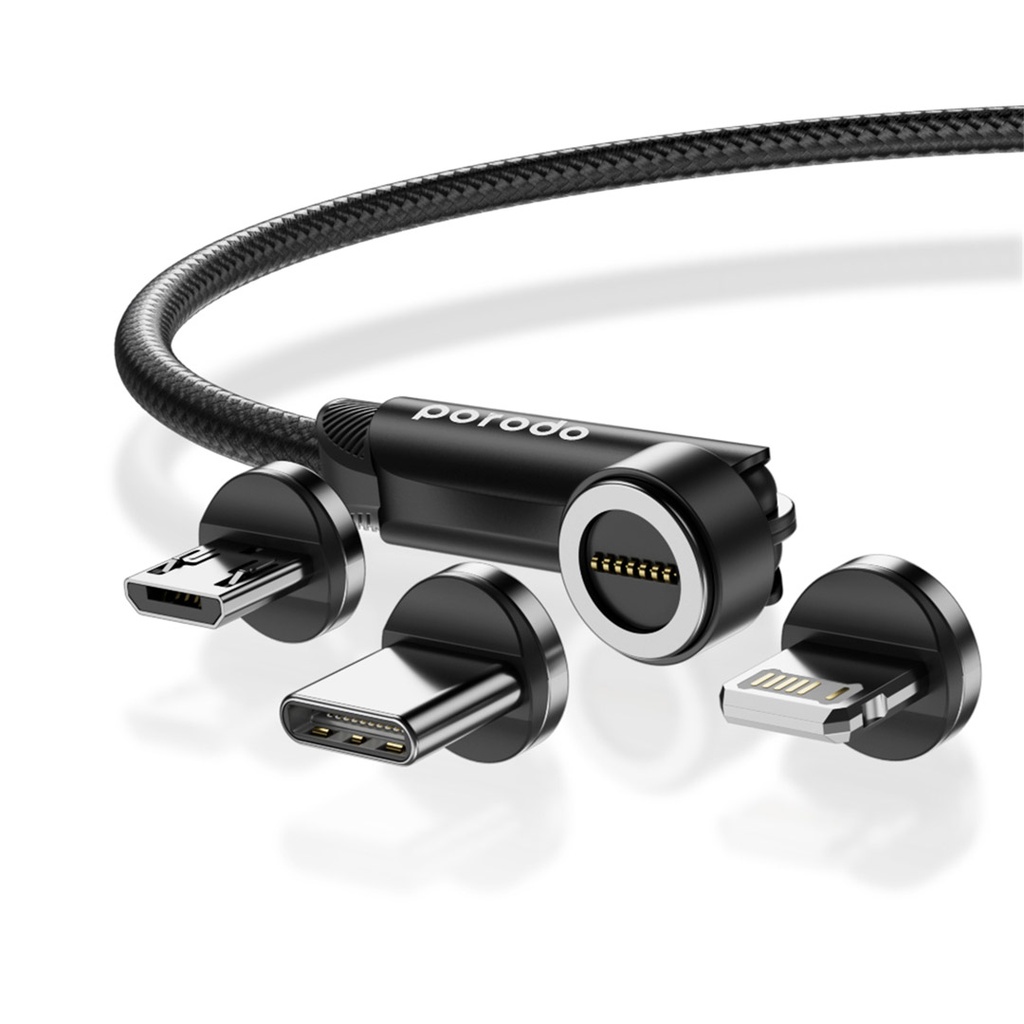 PORODO 3 IN 1 ROTATING CONNECTOR BRAIDED MAGNETIC LIGHTNING TYPE C MICRO USB CABLE 1M CABLE BLACK PD-3IMGC-BK thumbnail 2