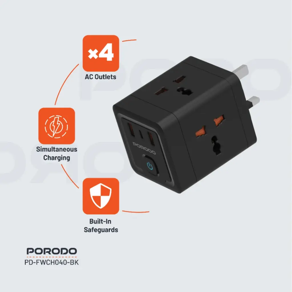 PORODO 4 AC UNIVERSAL POWER BLOCK BLACK PD-FWCH040-BK thumbnail 3