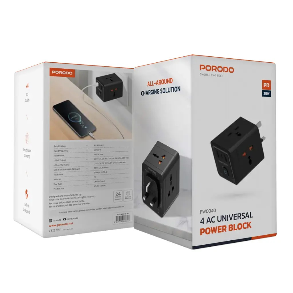 PORODO 4 AC UNIVERSAL POWER BLOCK BLACK PD-FWCH040-BK thumbnail 2