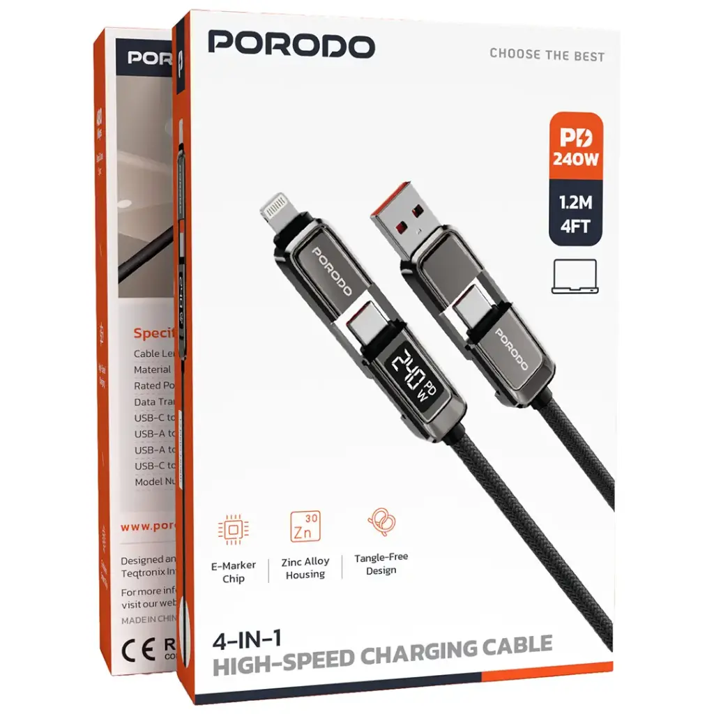 PORODO 4 IN 1 HIGH SPEED CHARGING 1.2M CABLE GRAY PD240WDDGY thumbnail 4