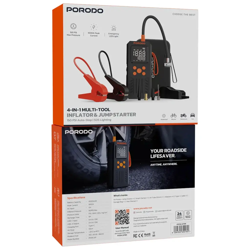 PORODO 4 IN 1 MULTI TOOL INFLATOR AND JUMP STARTER BLACK PD15KJSPBK thumbnail 5