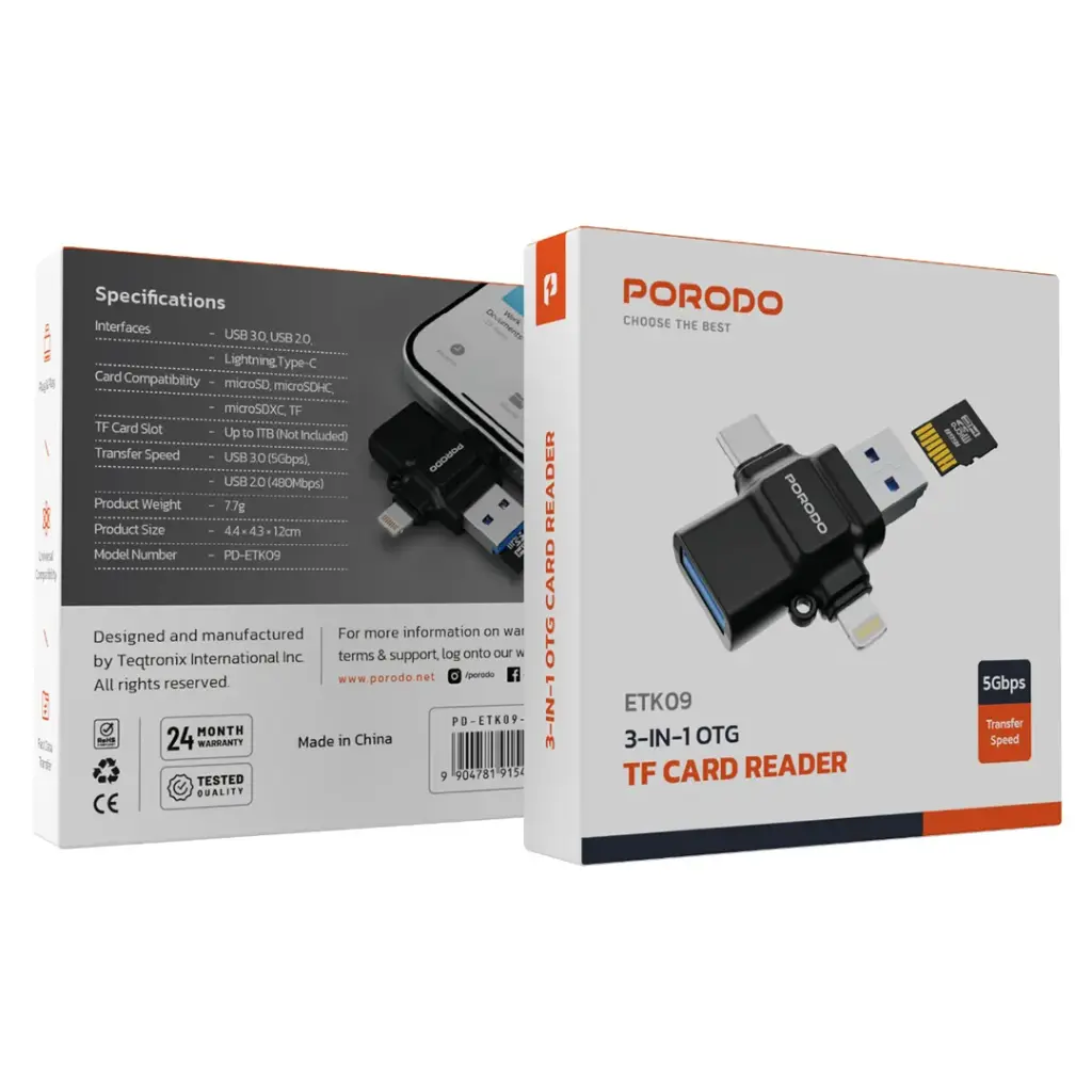 PORODO 4 IN 1 USB 3.0 OTG ADAPTER TF CARD READER BLACK PD-ETK09-BK thumbnail 2