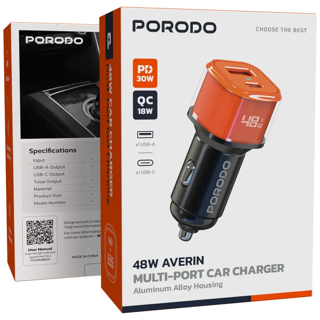 PORODO 48W AVERIN MULTI PORT CAR CHARGER ORANGE PDCCR48WOG thumbnail 2