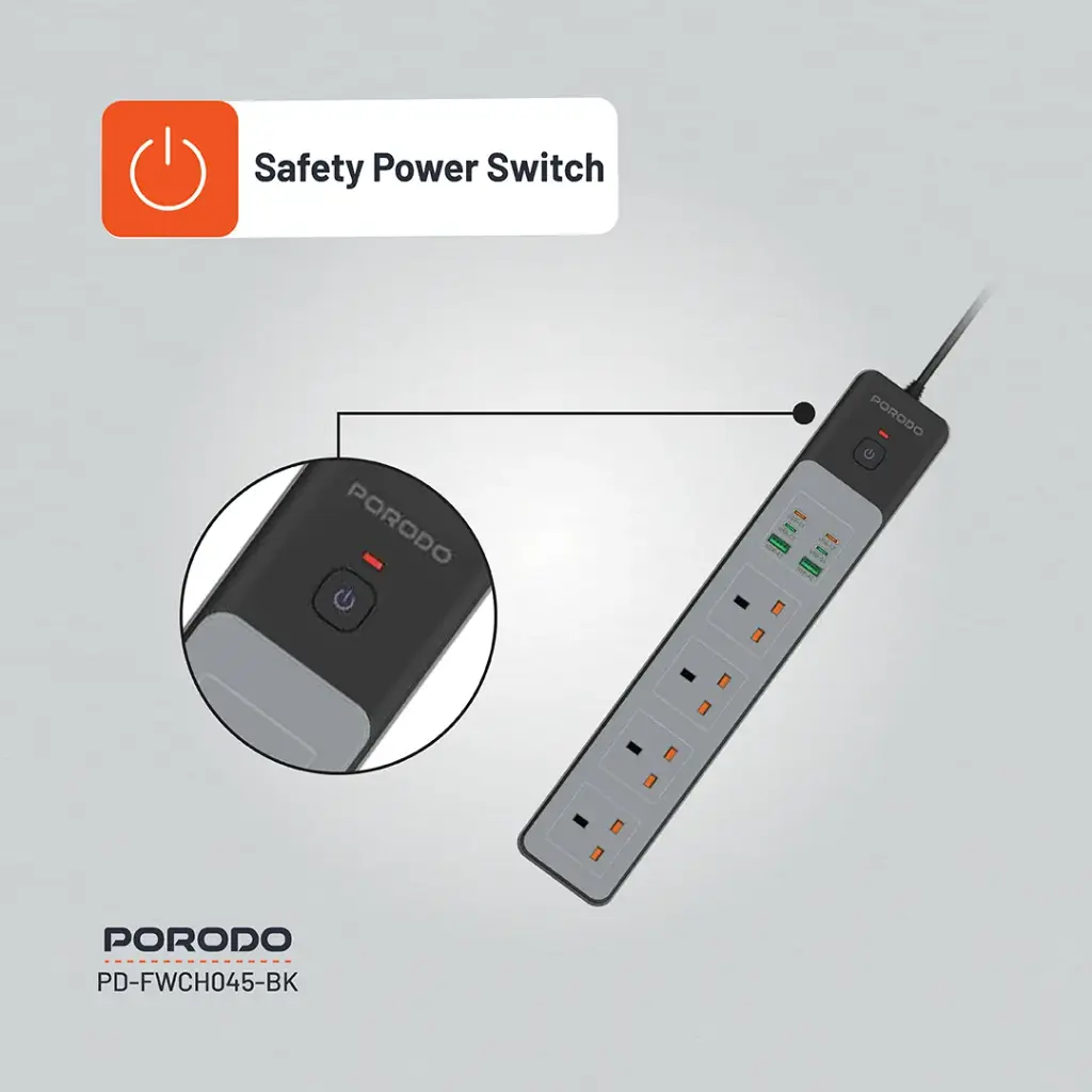 PORODO PD35W 4AC 65W 3000W POWER STRIP BLACK PD-FWCH045-BK thumbnail 5
