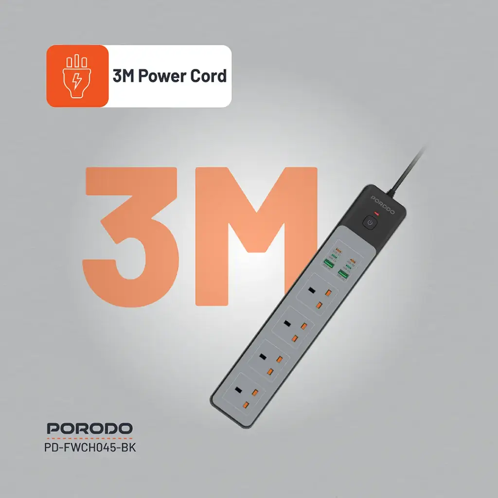 PORODO PD35W 4AC 65W 3000W POWER STRIP BLACK PD-FWCH045-BK thumbnail 4