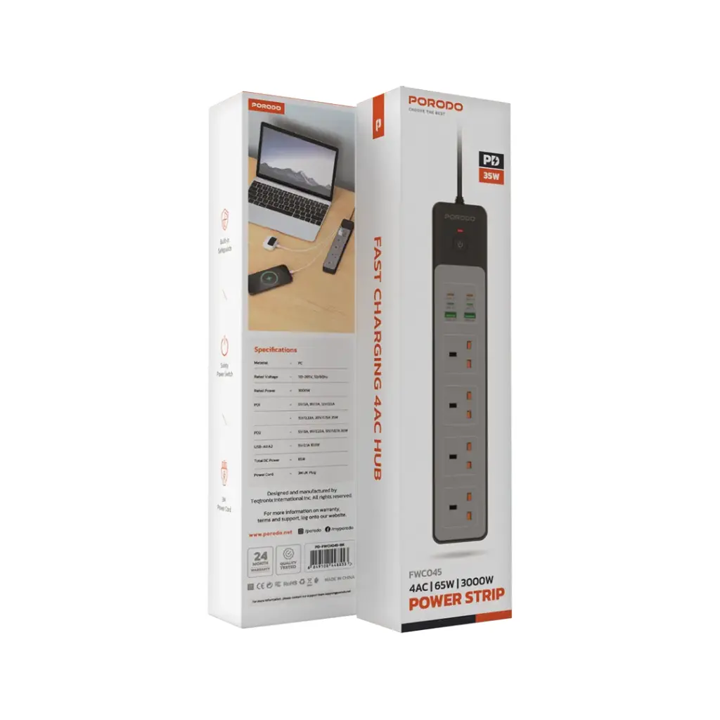 PORODO PD35W 4AC 65W 3000W POWER STRIP BLACK PD-FWCH045-BK thumbnail 2