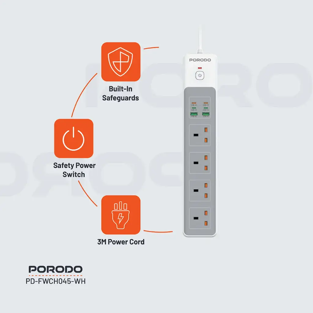 PORODO PD35W 4AC 65W 3000W POWER STRIP WHITE PD-FWCH045-WH thumbnail 5