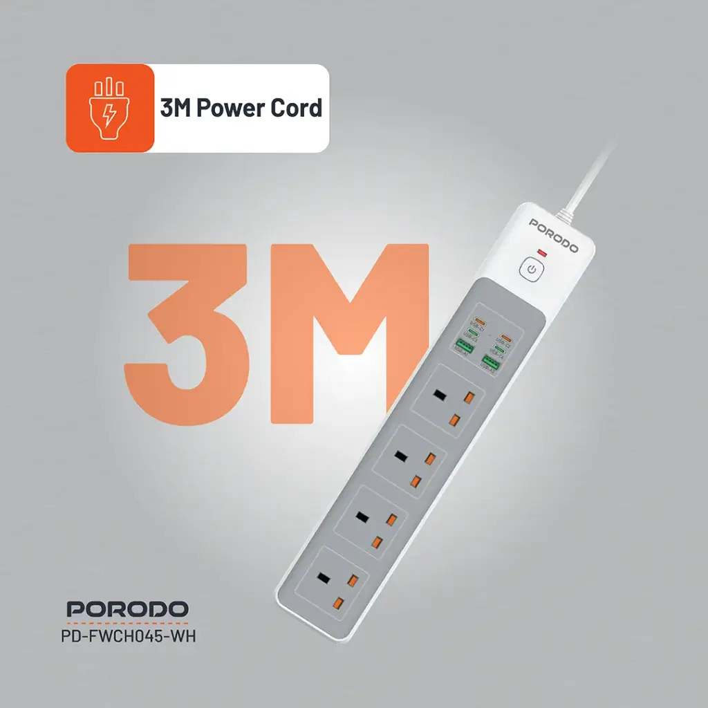 PORODO PD35W 4AC 65W 3000W POWER STRIP WHITE PD-FWCH045-WH thumbnail 4