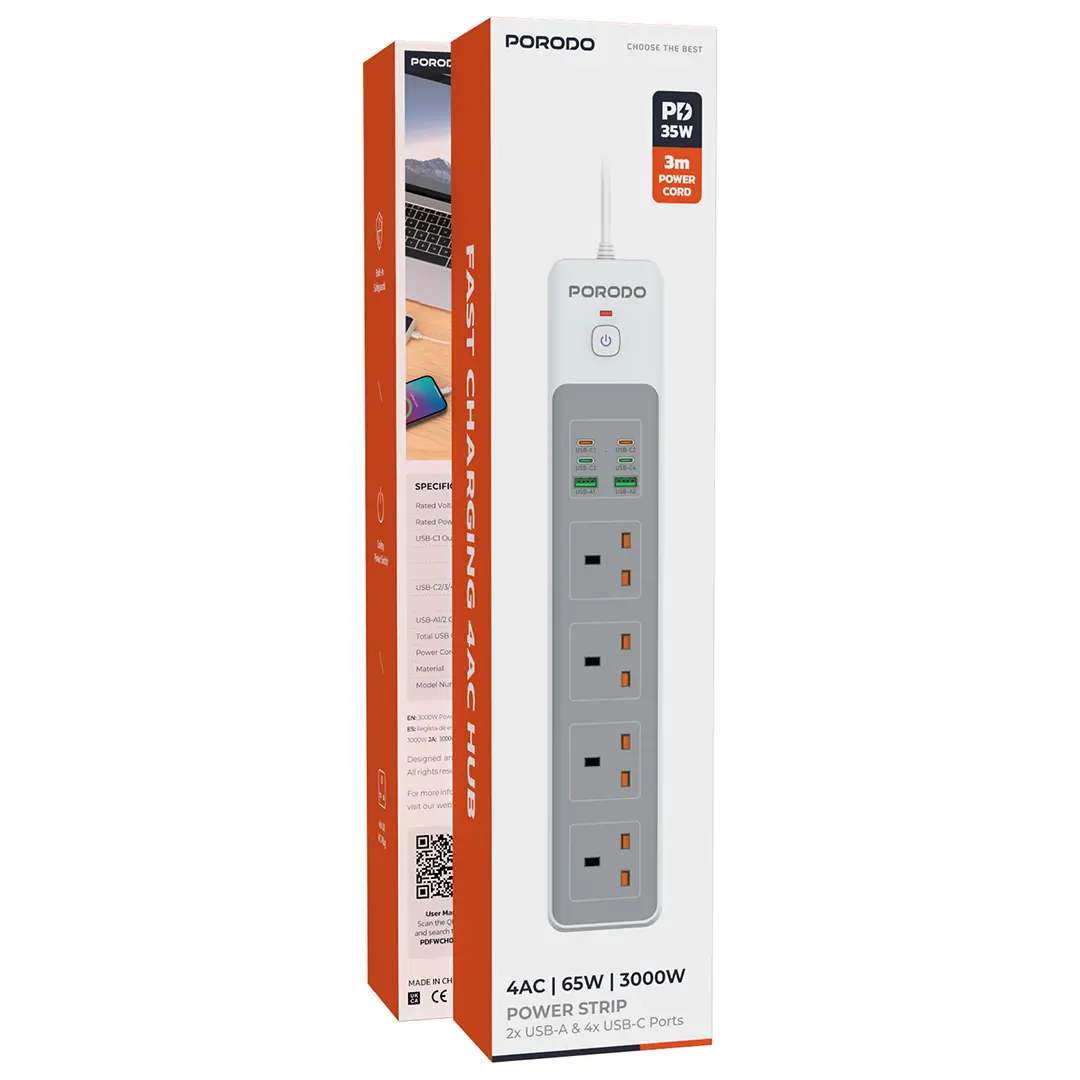 PORODO PD35W 4AC 65W 3000W POWER STRIP WHITE PD-FWCH045-WH thumbnail 2