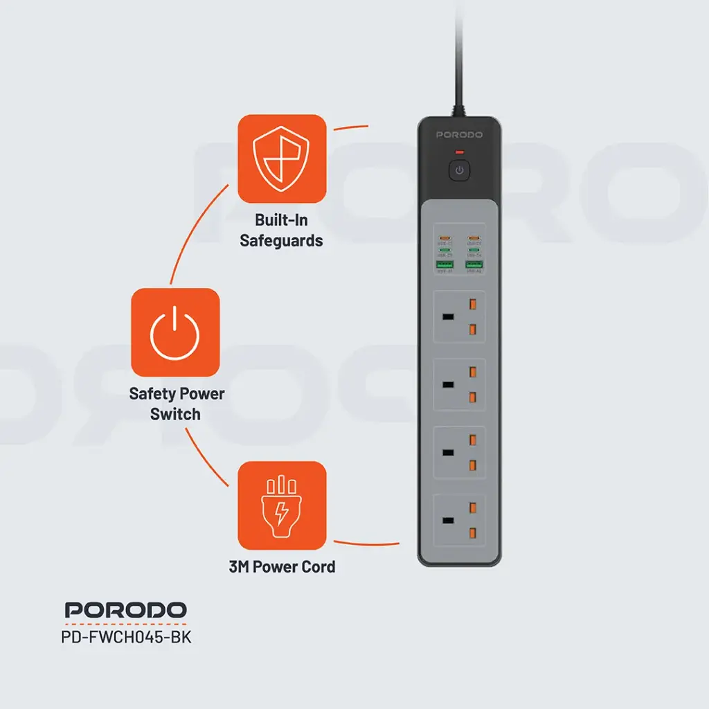 PORODO PD35W 4AC 65W 3000W POWER STRIP BLACK PD-FWCH045-BK thumbnail 6