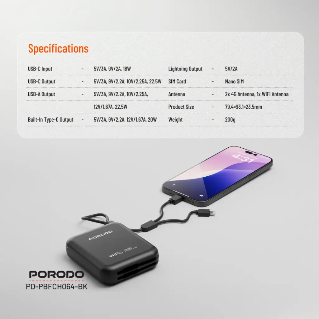 PORODO 4G LTE WIFI 6 POCKET ROUTER PD22.5W BLACK PD-PBFCH064-BK thumbnail 2