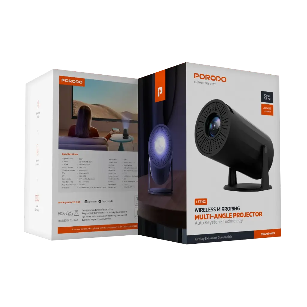 PORODO WIRELESS MIRRORING MULTI ANGLE PROJECTOR 1080P BLACK PD-LFST102-BK thumbnail 6