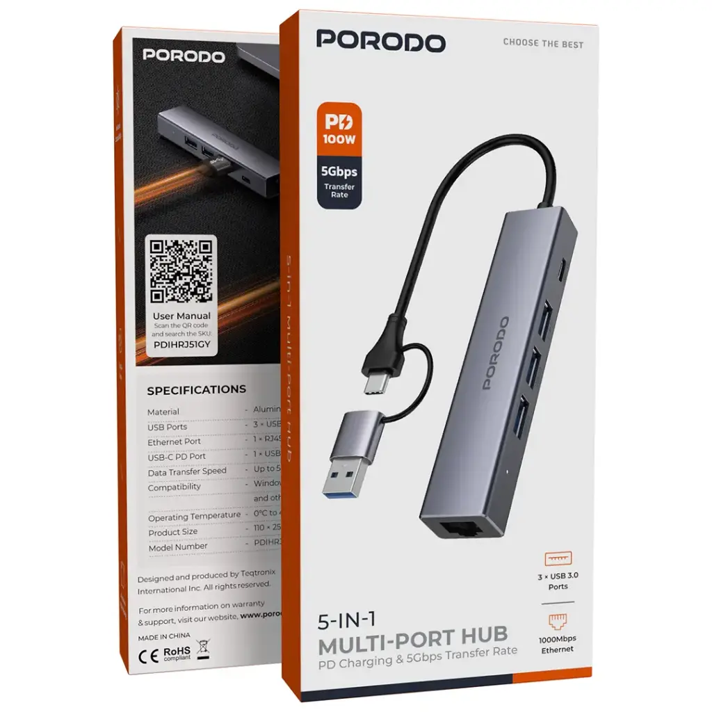 PORODO 5 IN 1 MULTI PORT HUB PD100W GREY PDIHRJ51GY thumbnail 3