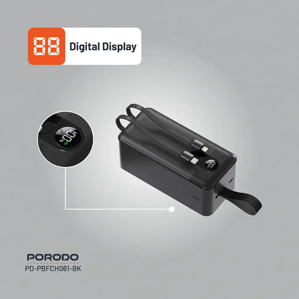 Porodo 50000mAh Power Bank with Integrated Cables - Black, Ultra-High Capacity thumbnail 4