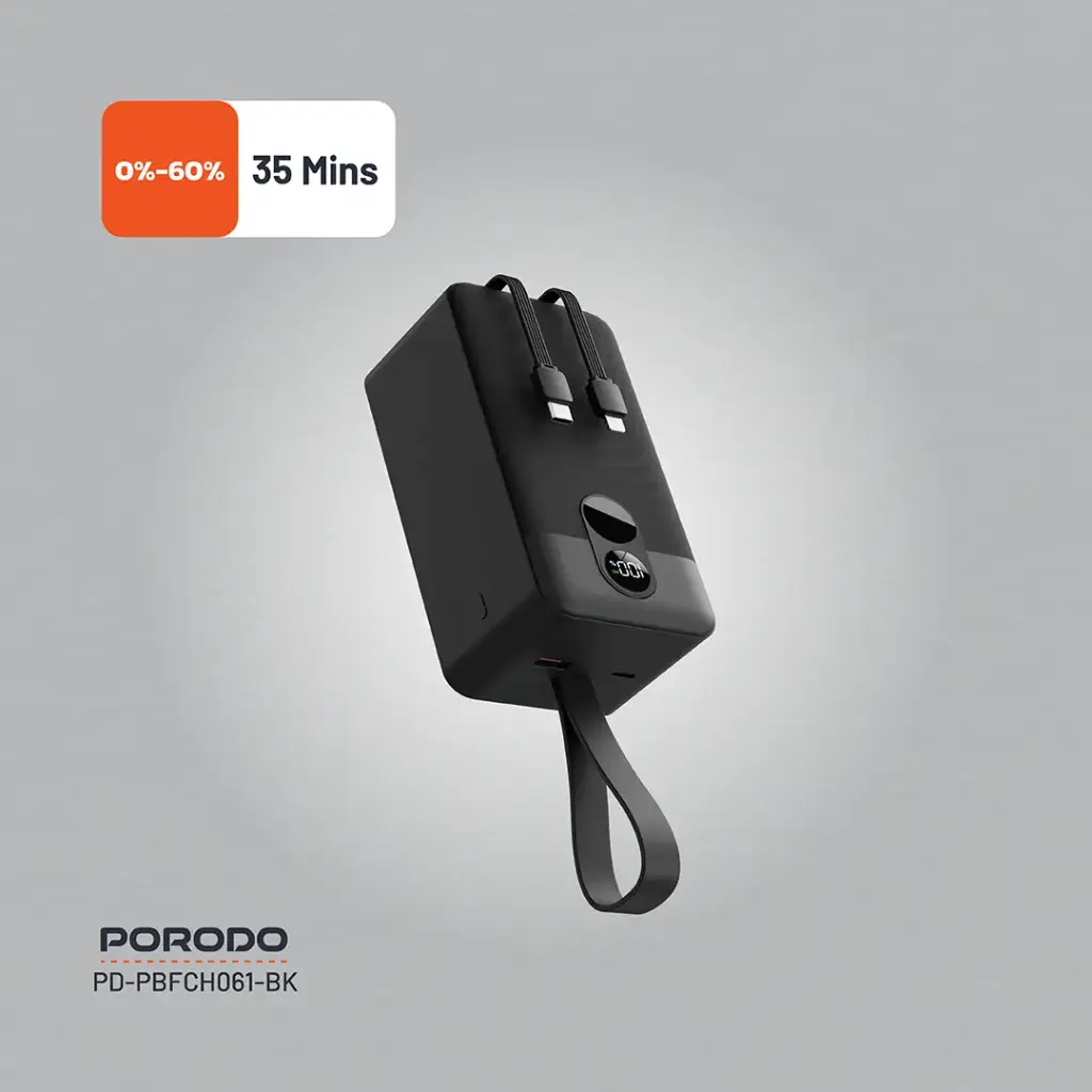 Porodo 50000mAh Power Bank with Integrated Cables - Black, Ultra-High Capacity thumbnail 3