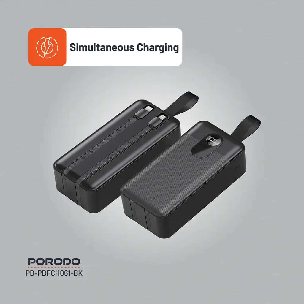 Porodo 50000mAh Power Bank with Integrated Cables - Black, Ultra-High Capacity thumbnail 2