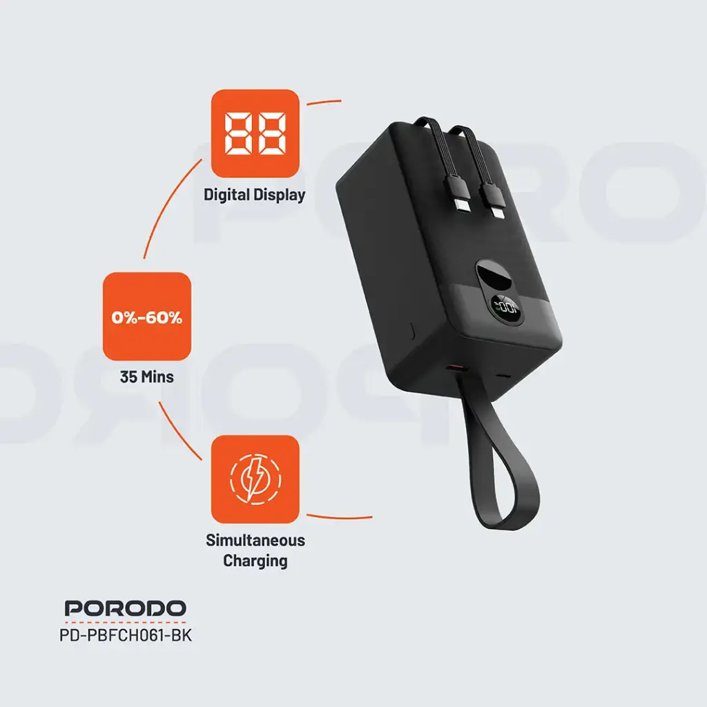 Porodo 50000mAh Power Bank with Integrated Cables - Black, Ultra-High Capacity thumbnail 5