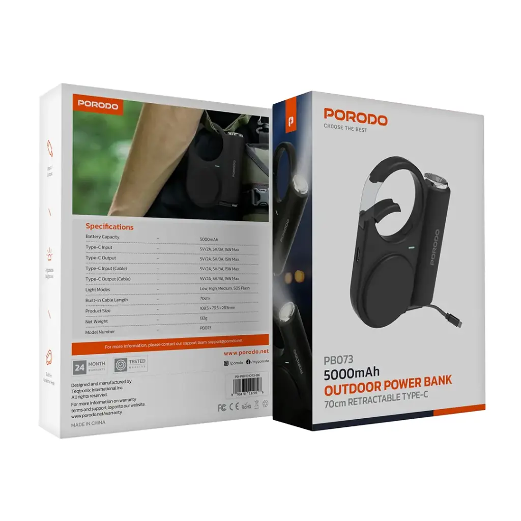 PORODO 5000MAH OUTDOOR POWERBANK WITH 70CM RETRACTABLE TYPE C CABLE BLACK PD-PBFCH073-BK thumbnail 2