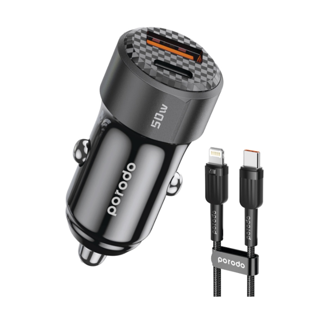 PORODO DUAL PORT  BRAIDED USB C TO LIGHTNING CABLE  INCLUDED CAR CHARGER 50W BLACK PD-CC50WL-BK