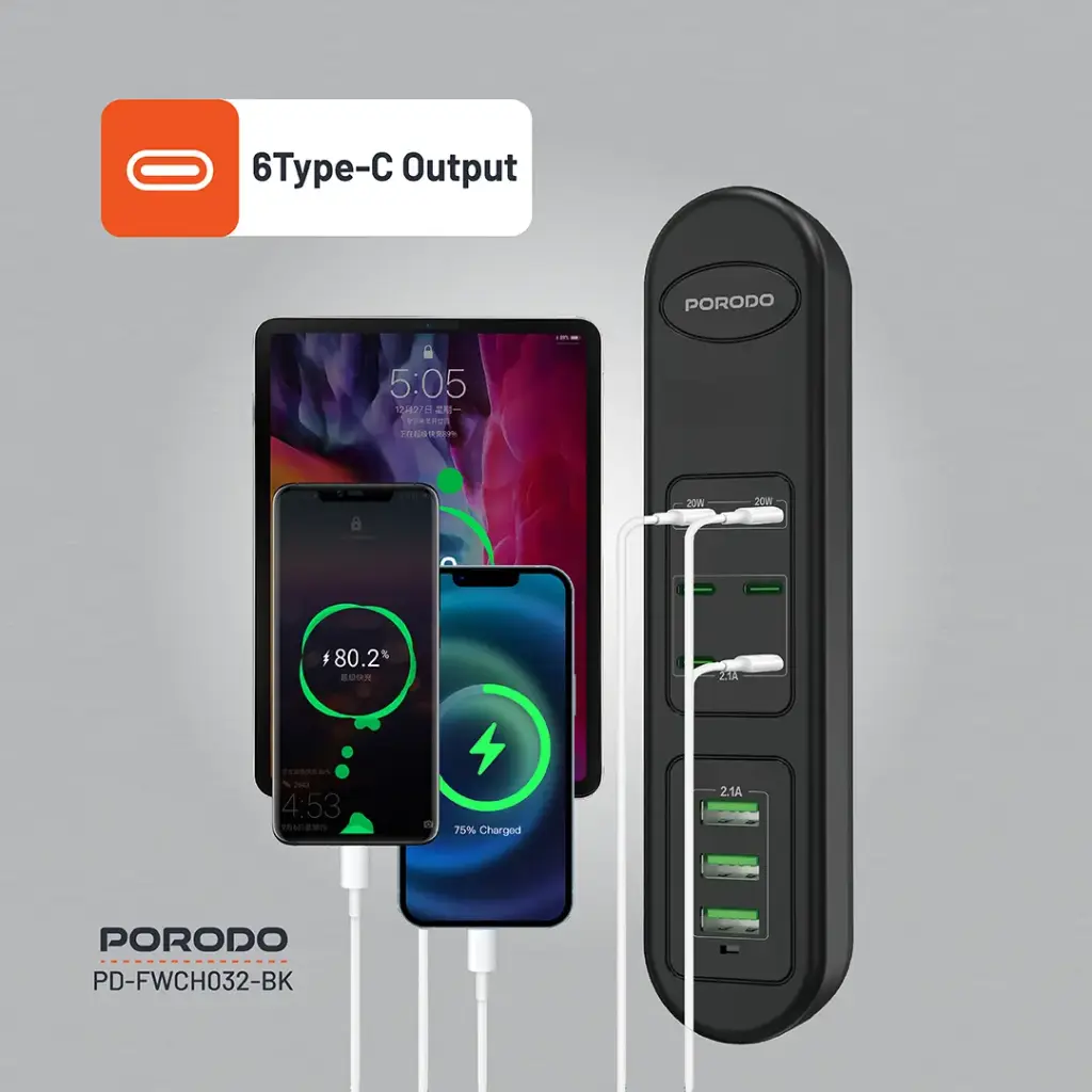 PORODO 50W MULTI PORT USB CHARGING HUB BLACK PD-FWCH032-BK thumbnail 6