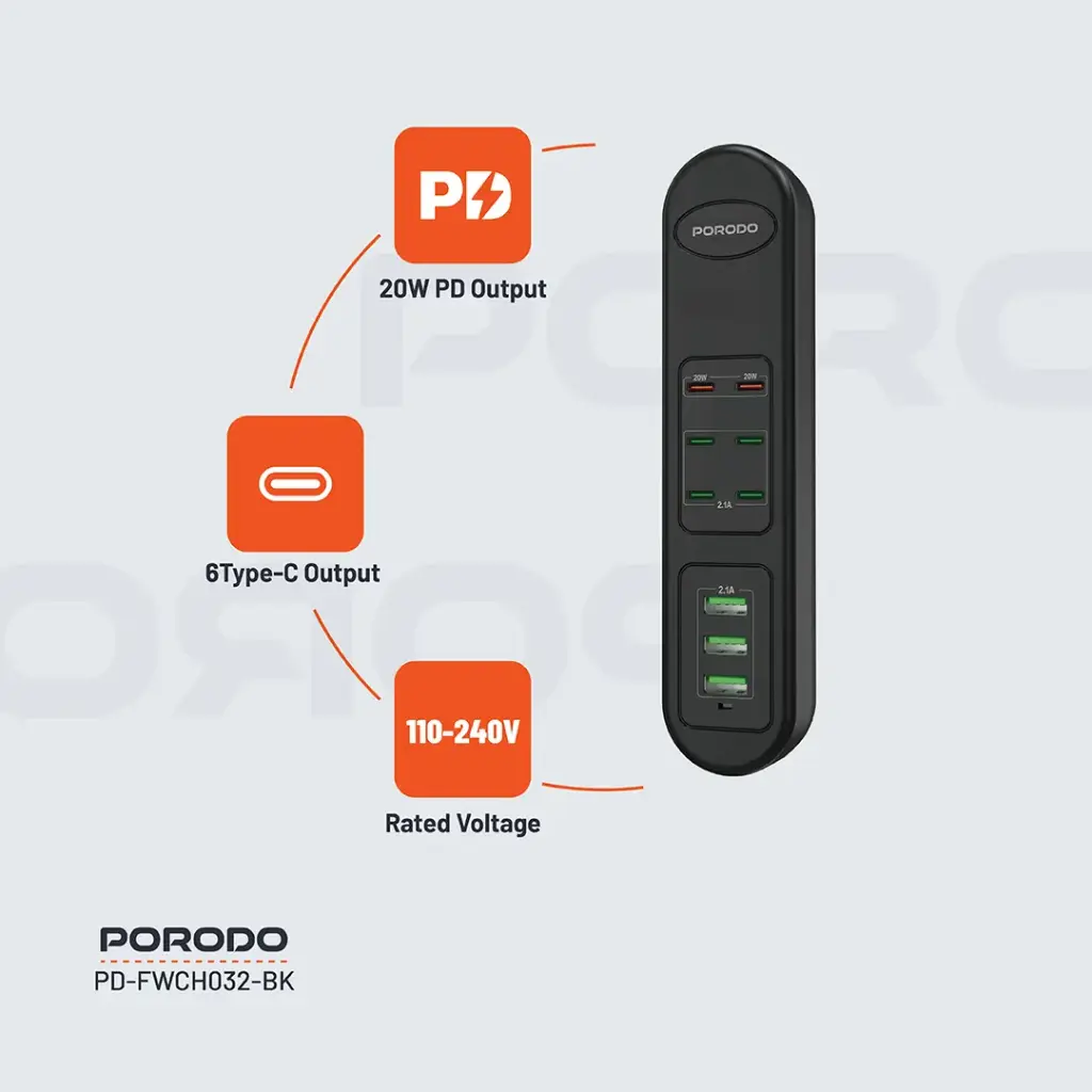 PORODO 50W MULTI PORT USB CHARGING HUB BLACK PD-FWCH032-BK thumbnail 3