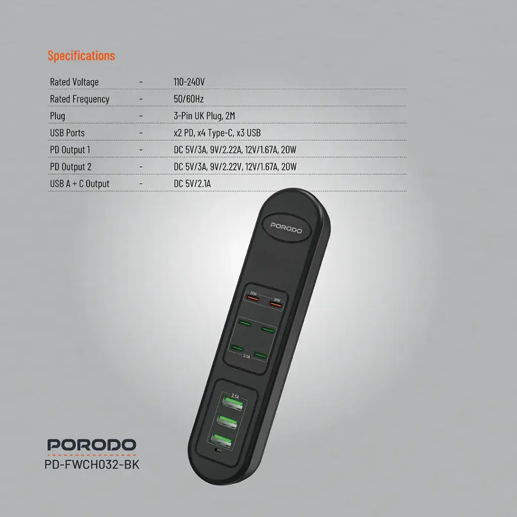PORODO 50W MULTI PORT USB CHARGING HUB BLACK PD-FWCH032-BK thumbnail 2