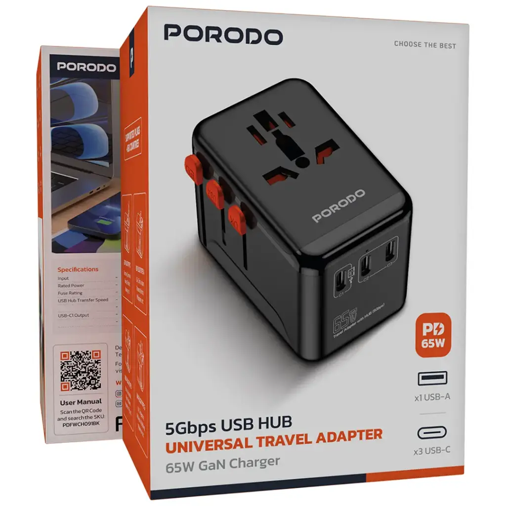 PORODO 5GBPS USB HUB UNIVERSAL TRAVEL ADAPTER 65W GAN CHARGER BLACK PDFWCH091BK thumbnail 2
