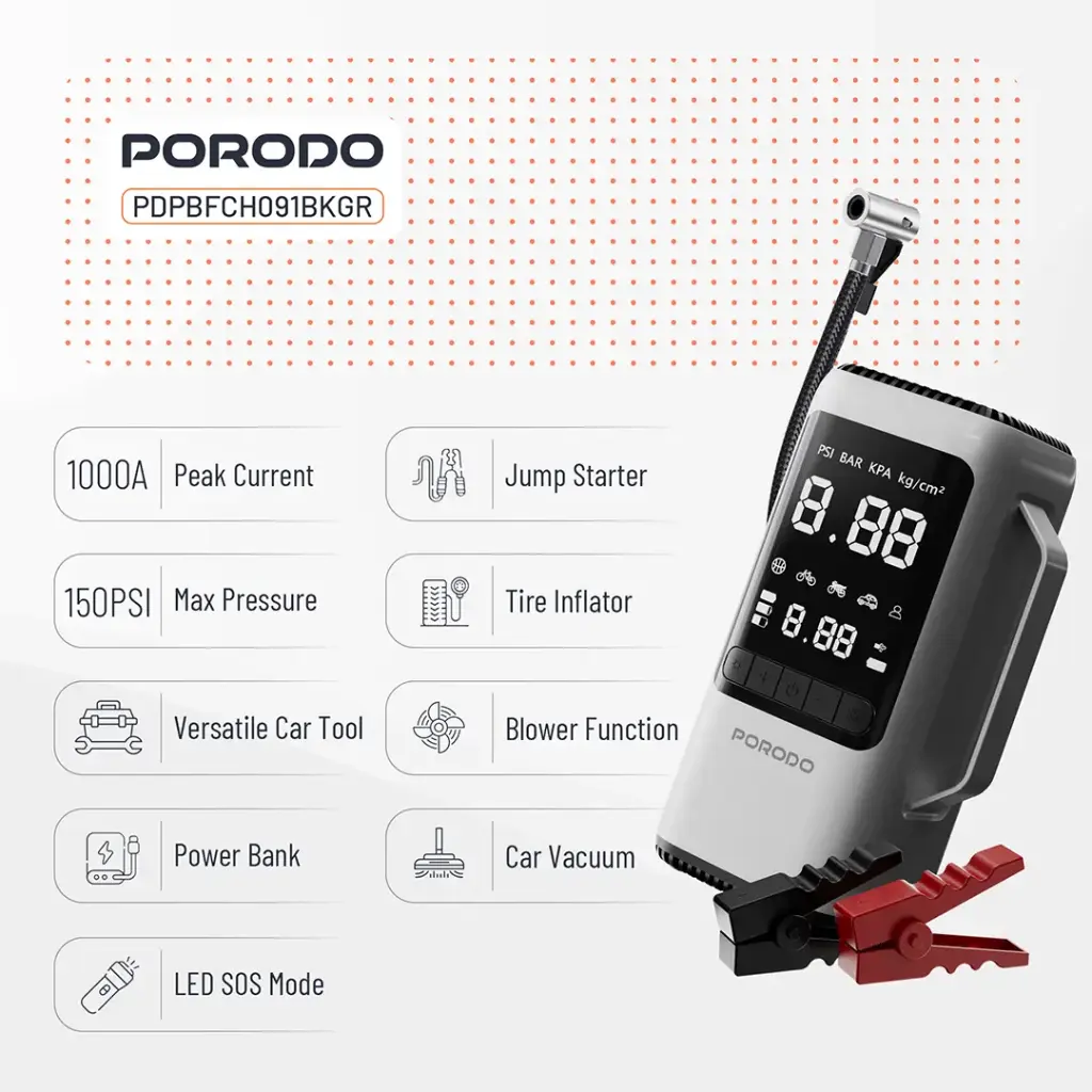 PORODO 6 IN 1 MULITI FUNCTIONAL POWER TOOL JUMP STARTER AIR COMPRESSOR POWERBANK PDPBFCH091BKGR thumbnail 3